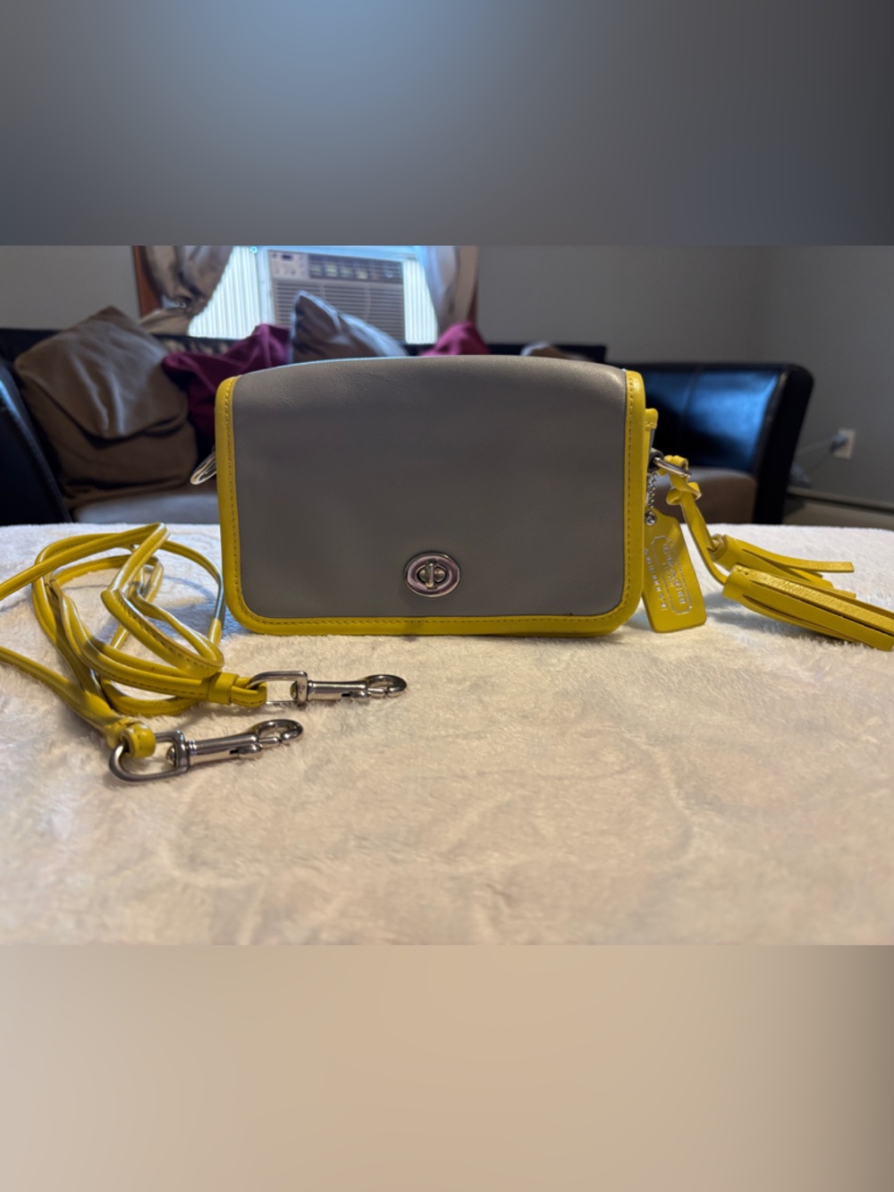 Coach Gray Crossbody with Yellow Trim and Strap